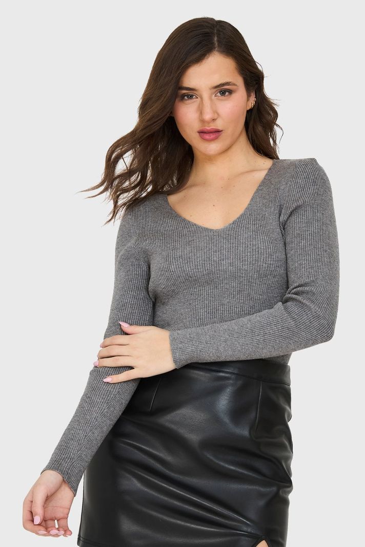 Sweater Cuello V Acanalado Gris Nicopoly-0