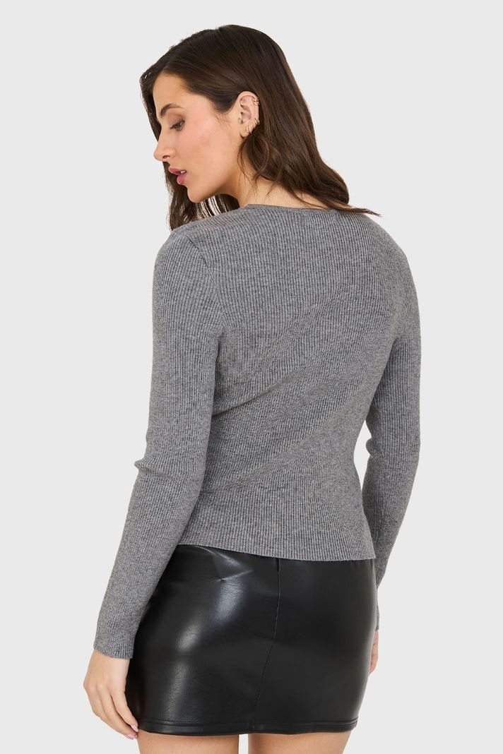 Sweater Cuello V Acanalado Gris Nicopoly-3