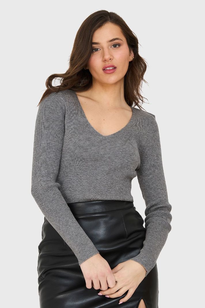 Sweater Cuello V Acanalado Gris Nicopoly-4