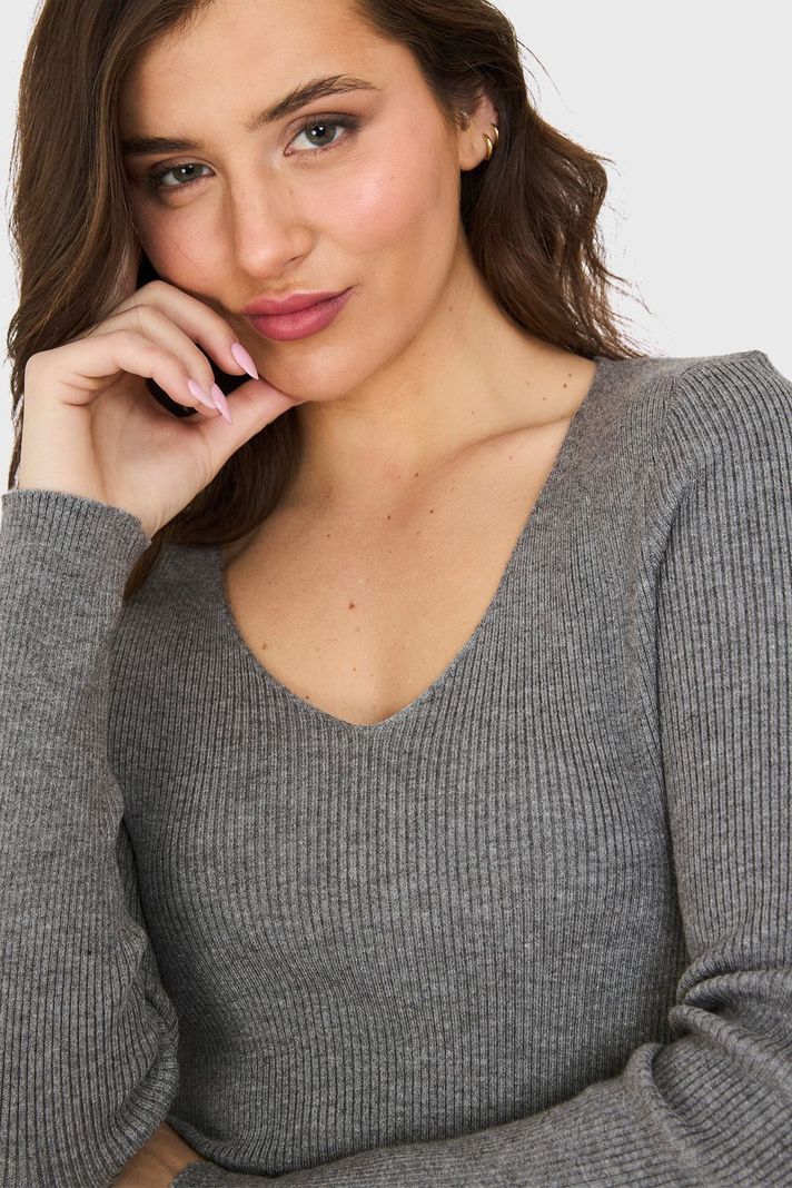 Sweater Cuello V Acanalado Gris Nicopoly-5