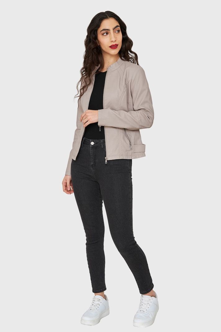 Chaqueta Cuello Mao Ecocuero Khaki Nicopoly-1