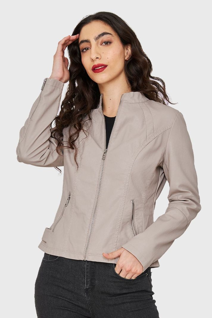 Chaqueta Cuello Mao Ecocuero Khaki Nicopoly-4