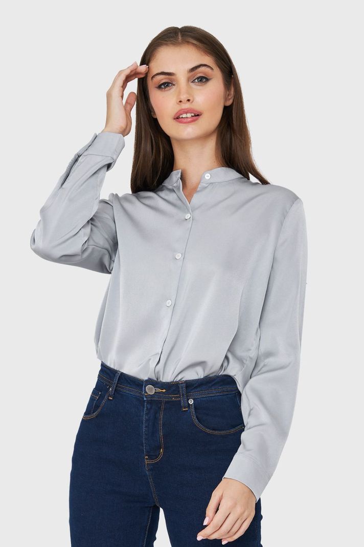 Blusa Cuello Mao Tipo Satín Gris Nicopoly-0