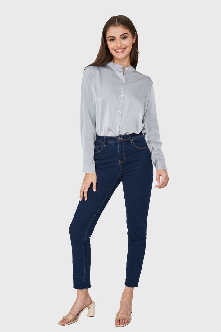 Blusa Cuello Mao Tipo Satín Gris Nicopoly-1