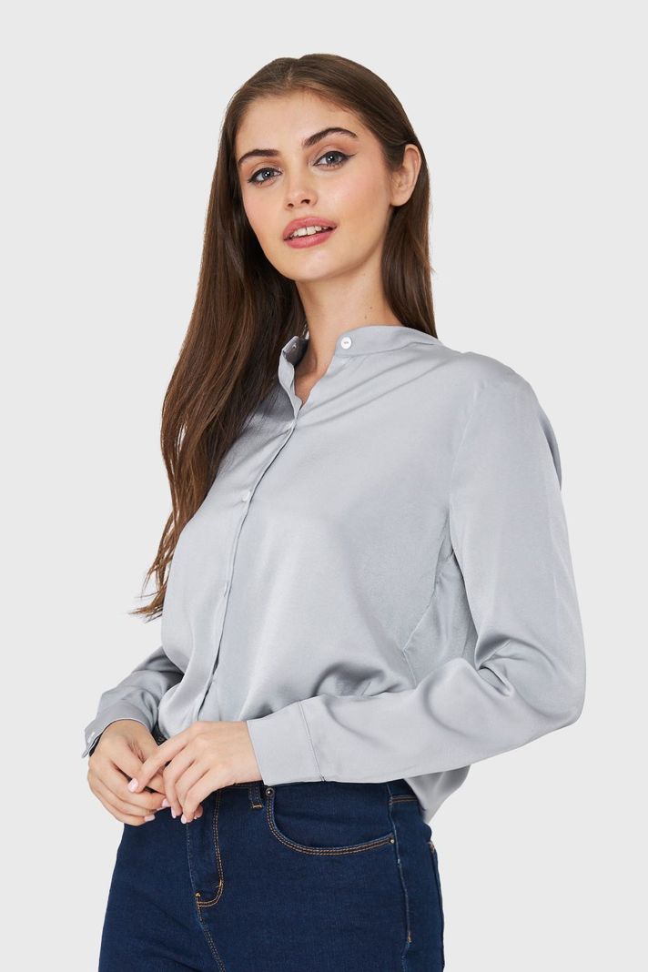 Blusa Cuello Mao Tipo Satín Gris Nicopoly-2