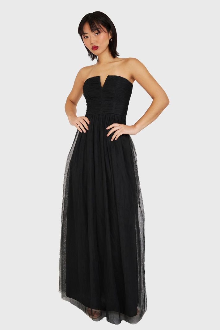 Vestido Strapless y Escote V Negro Nicopoly-0