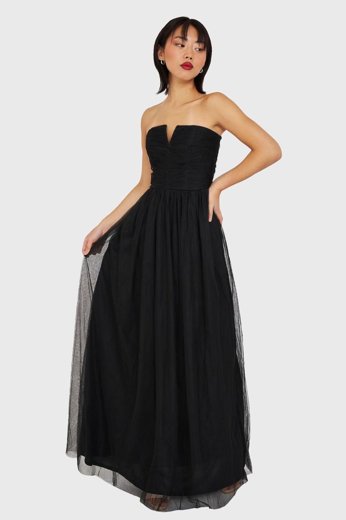 Vestido Strapless y Escote V Negro Nicopoly-1