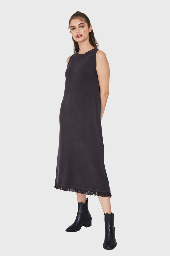 Vestido Tipo Tejido Holgado Flecos Grafito Nicopoly-0