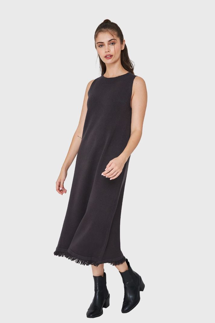 Vestido Tipo Tejido Holgado Flecos Grafito Nicopoly-2