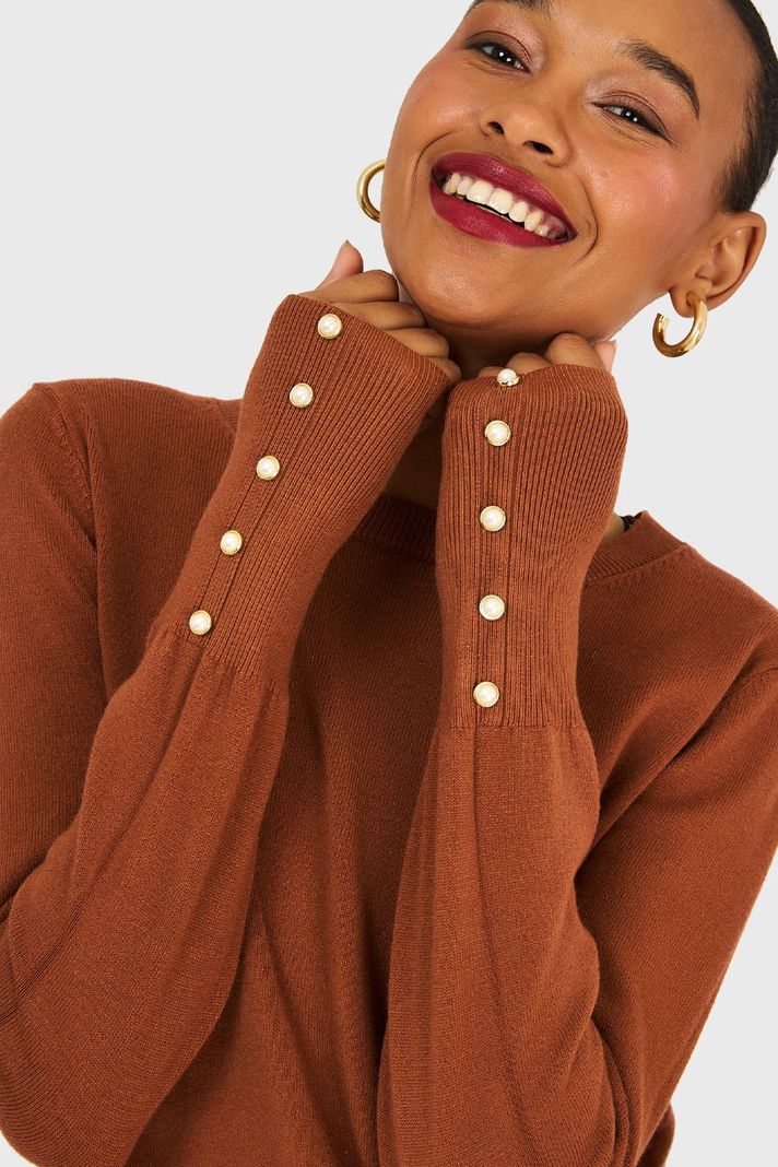 Sweater Mangas Detalles Perlas Camel Nicopoly-5