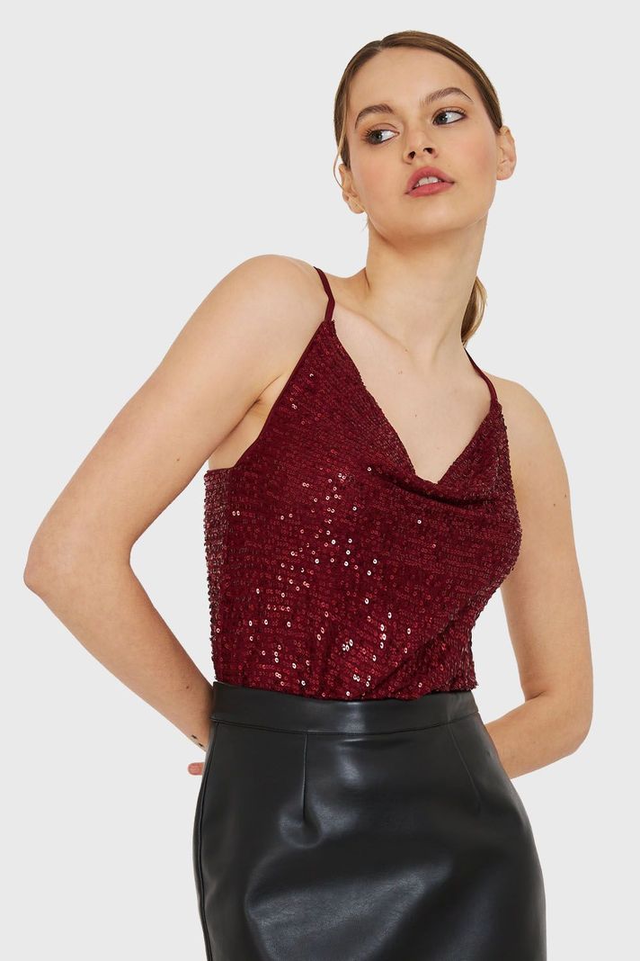 Body Escote Drapeado Lentejuelas Burdeo Nicopoly