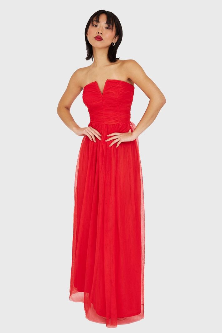 Vestido Strapless y Escote V Rojo Nicopoly-0