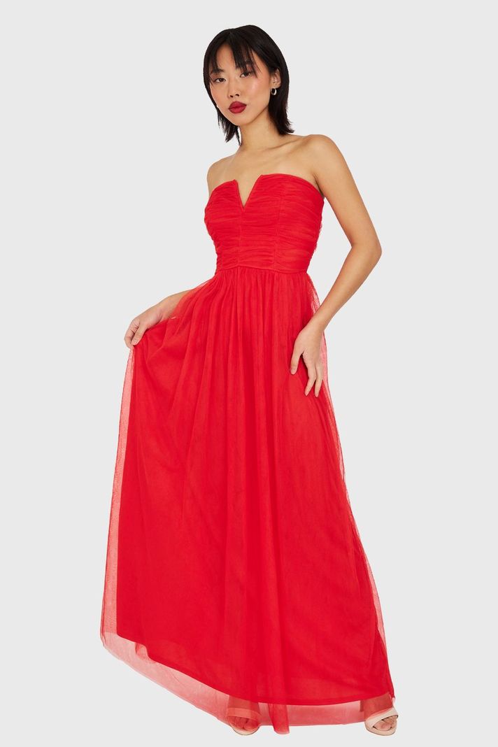 Vestido Strapless y Escote V Rojo Nicopoly-4