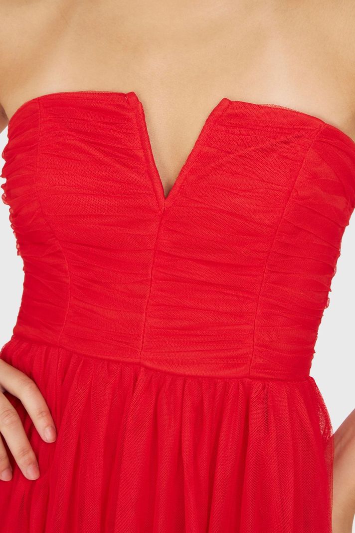 Vestido Strapless y Escote V Rojo Nicopoly-5
