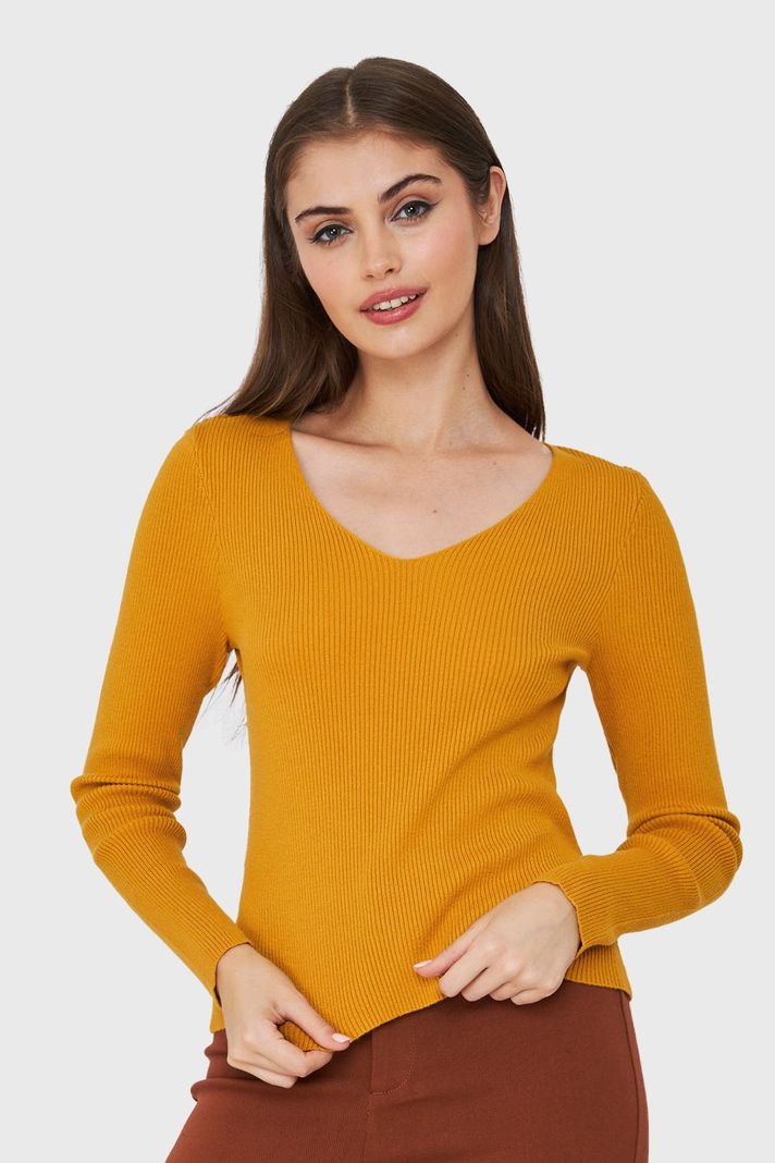 Sweater De Punto Acanalada V Mostaza Nicopoly-0