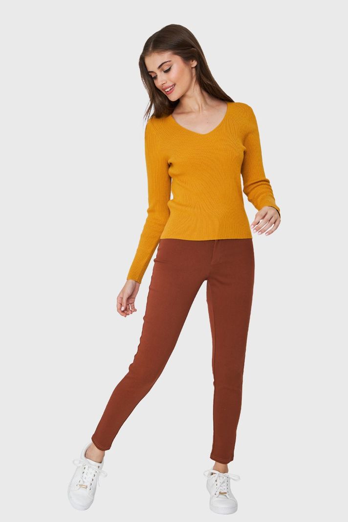 Sweater De Punto Acanalada V Mostaza Nicopoly-1