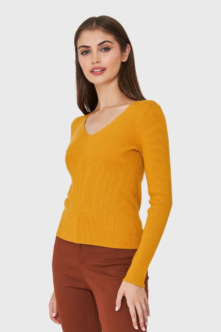 Sweater De Punto Acanalada V Mostaza Nicopoly-2