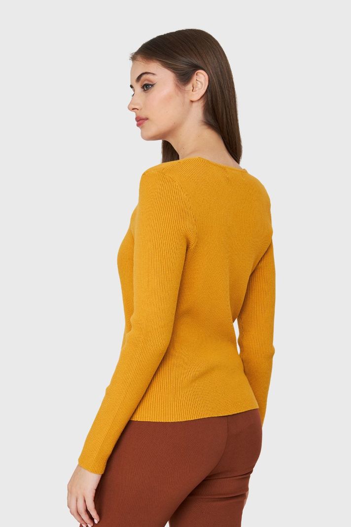 Sweater De Punto Acanalada V Mostaza Nicopoly-3