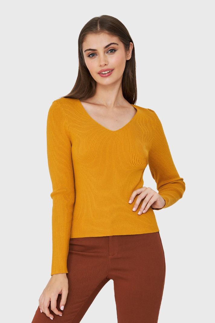 Sweater De Punto Acanalada V Mostaza Nicopoly-4