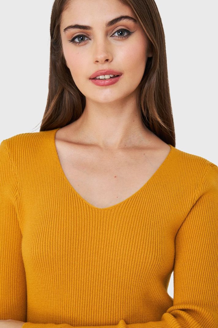 Sweater De Punto Acanalada V Mostaza Nicopoly-5