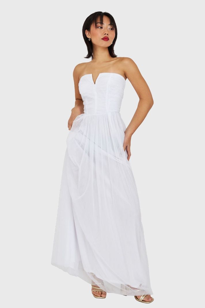 Vestido Strapless y Escote V Blanco Nicopoly-0
