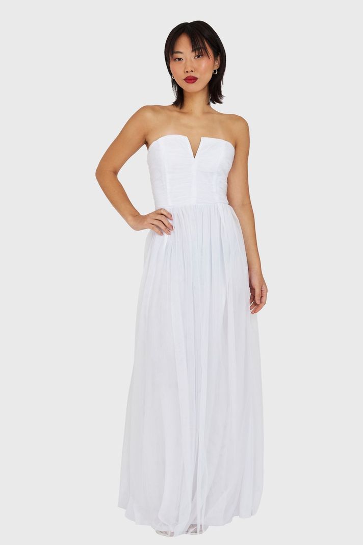 Vestido Strapless y Escote V Blanco Nicopoly-1