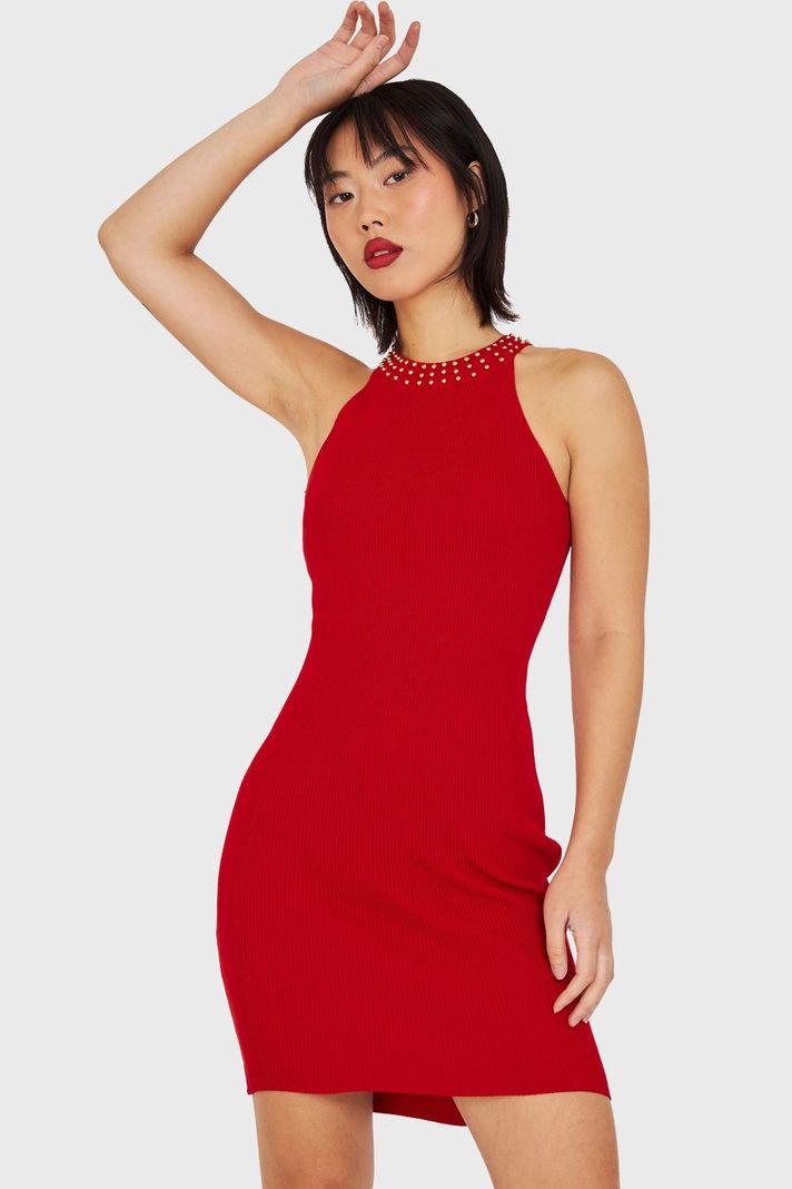 Vestido Tubo Con Strass Rojo Nicopoly-0