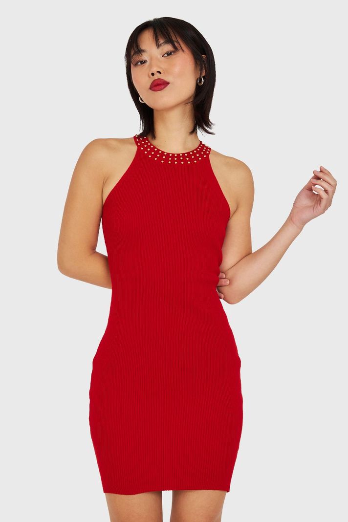 Vestido Tubo Con Strass Rojo Nicopoly-4