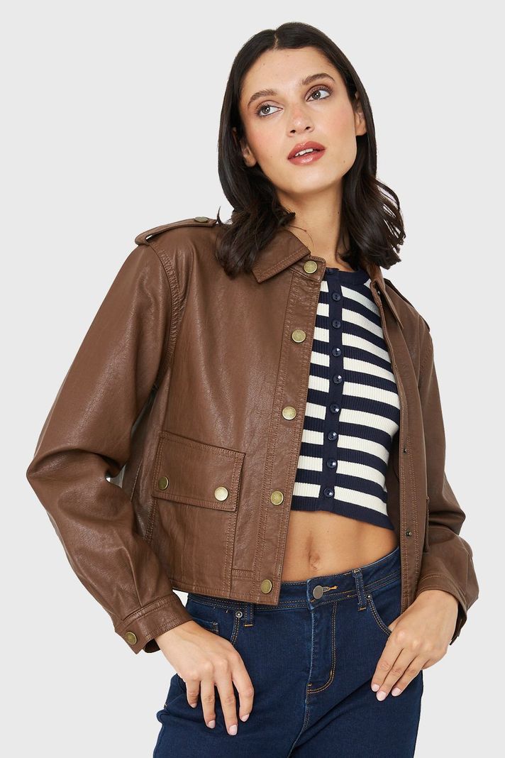 Chaqueta Cuello Camisero Ecocuero Café Nicopoly-0