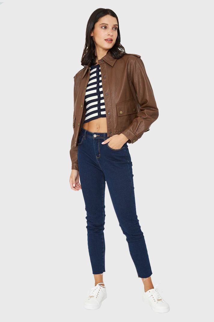 Chaqueta Cuello Camisero Ecocuero Café Nicopoly-1