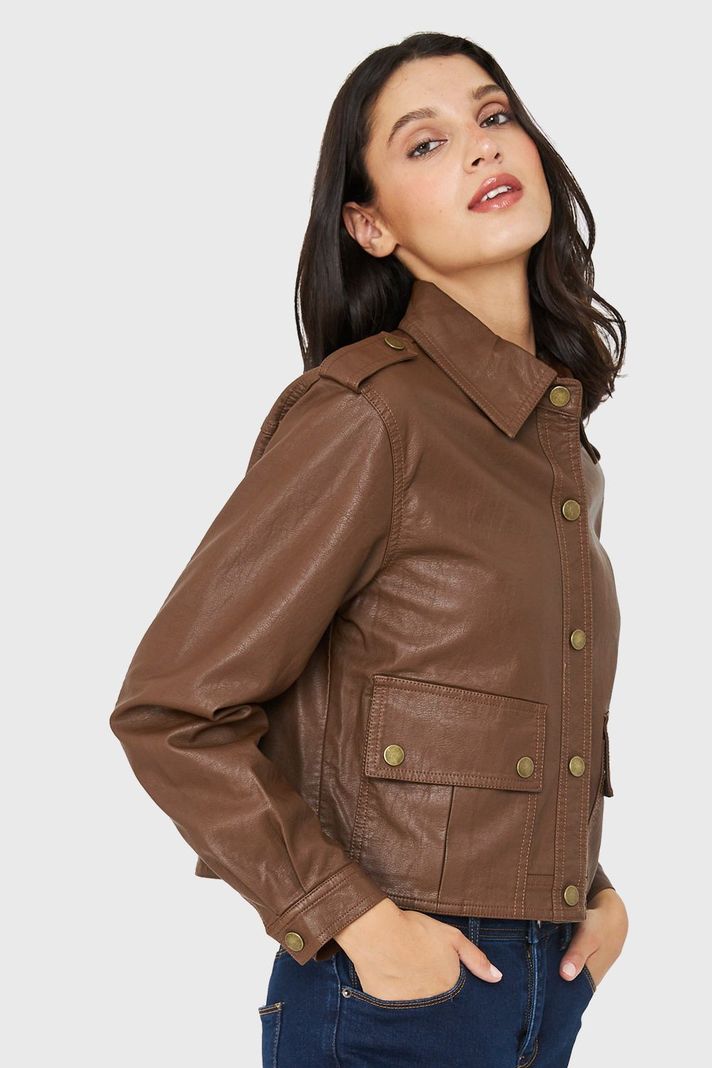 Chaqueta Cuello Camisero Ecocuero Café Nicopoly-2