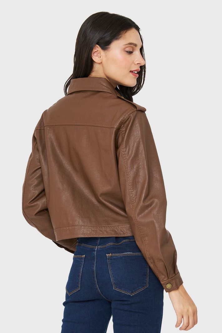 Chaqueta Cuello Camisero Ecocuero Café Nicopoly-3