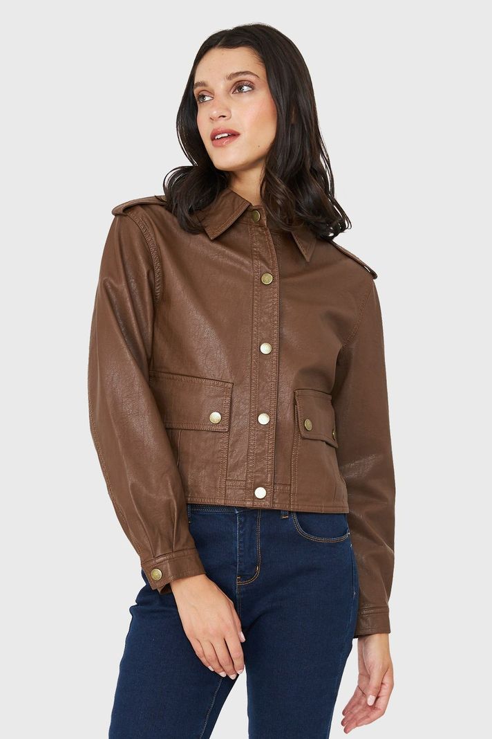 Chaqueta Cuello Camisero Ecocuero Café Nicopoly-4
