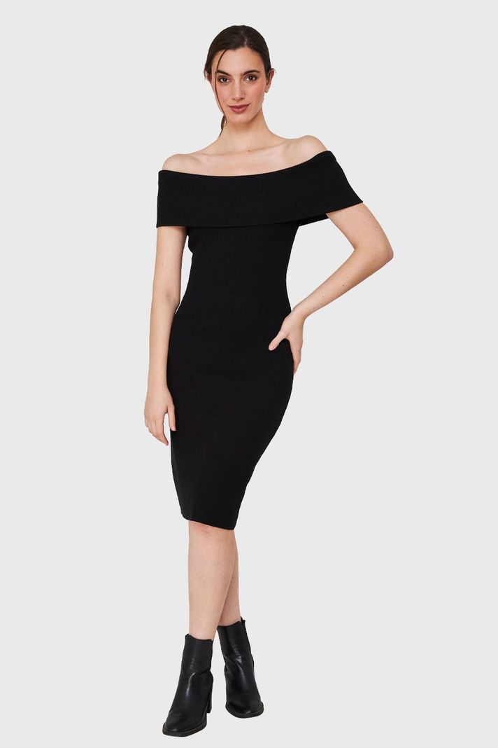 Vestido Acanalado Off The Shoulder Negro Nicopoly-1