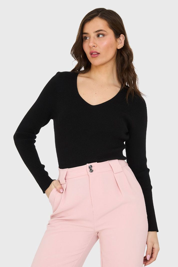 Sweater Cuello V Acanalado Negro Nicopoly-0