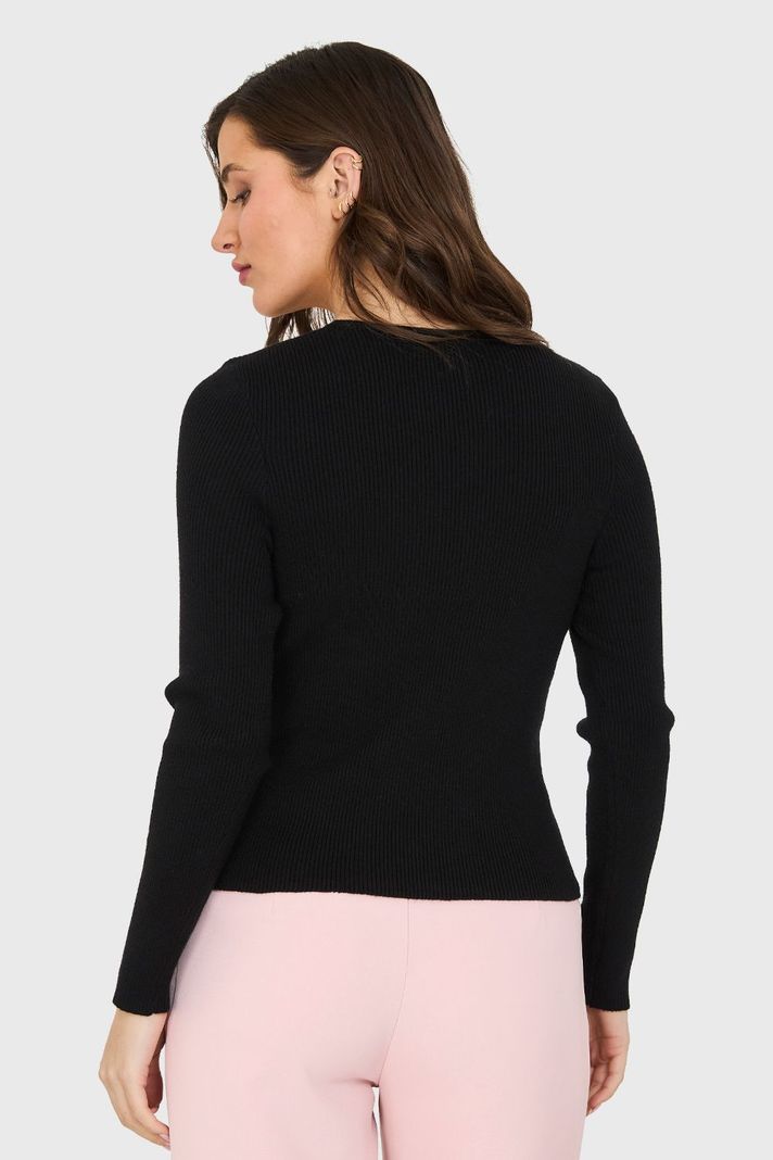 Sweater Cuello V Acanalado Negro Nicopoly-3