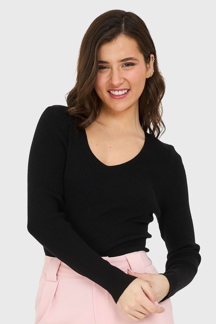 Sweater Cuello V Acanalado Negro Nicopoly-4