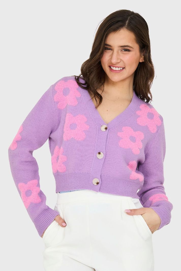 Cárdigan Crop Flores Lila Nicopoly-0