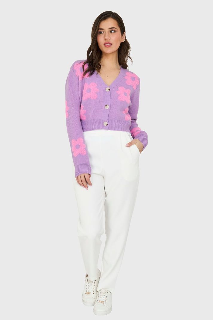 Cárdigan Crop Flores Lila Nicopoly-1