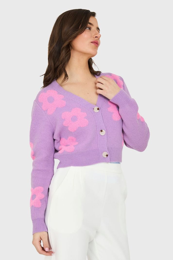 Cárdigan Crop Flores Lila Nicopoly-2