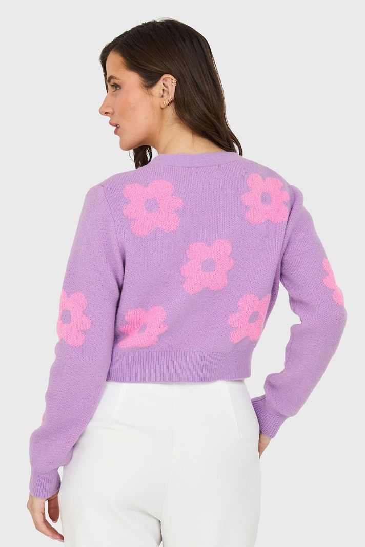 Cárdigan Crop Flores Lila Nicopoly-3