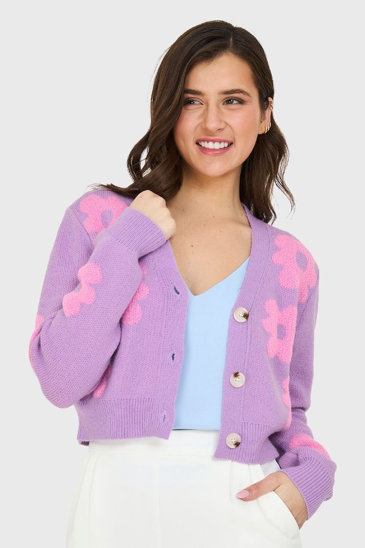 Cárdigan Crop Flores Lila Nicopoly-4