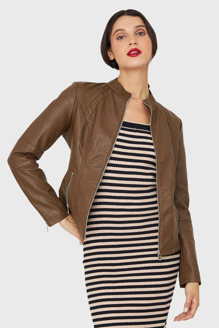 Chaqueta Mao Ecocuero Café Nicopoly-0