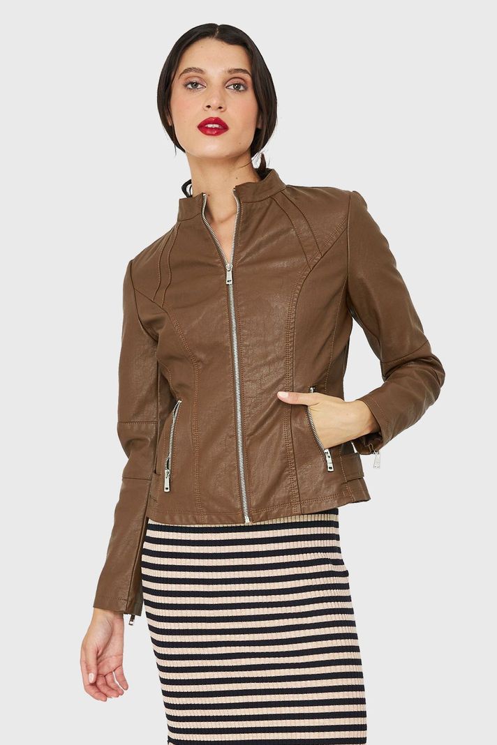 Chaqueta Mao Ecocuero Café Nicopoly-4
