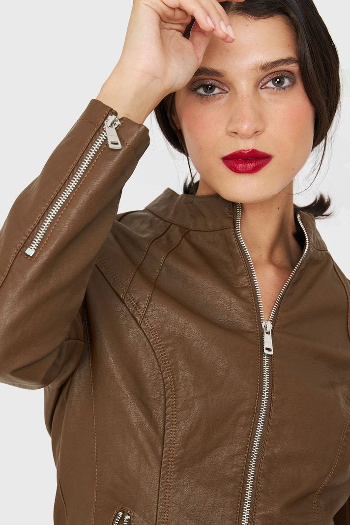 Chaqueta Mao Ecocuero Café Nicopoly-5